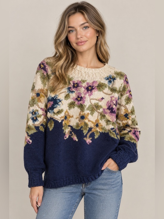 Sweaters - Vintage Hand-Knit Floral 80s Cullinane Sweater Ramie Cotton Cottagecore • L